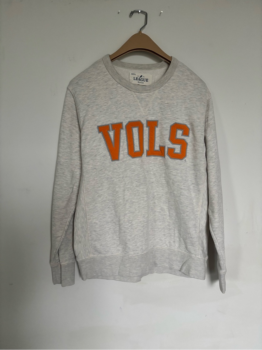 League Crewneck Sweatshirt in Light Gray with Orange "VOLS" Appliqué size M